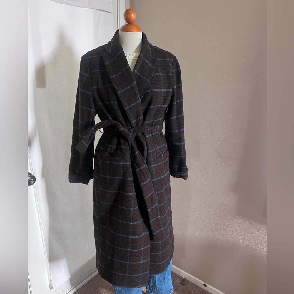 A New Day Chocolate Brown and Blue Plaid Coat With Tie